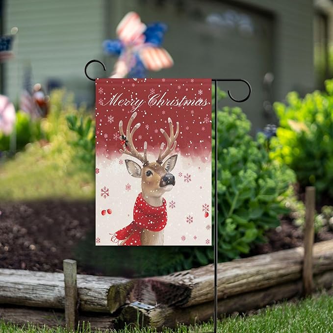 Merry Christmas Reindeer House Flag 28x40 Inch Double Sided Outside Winter Snowflake Poinsettia Xmas Seasonal Yard Outdoor Flag Banner for Garden Lawn Patio Holiday Decorations