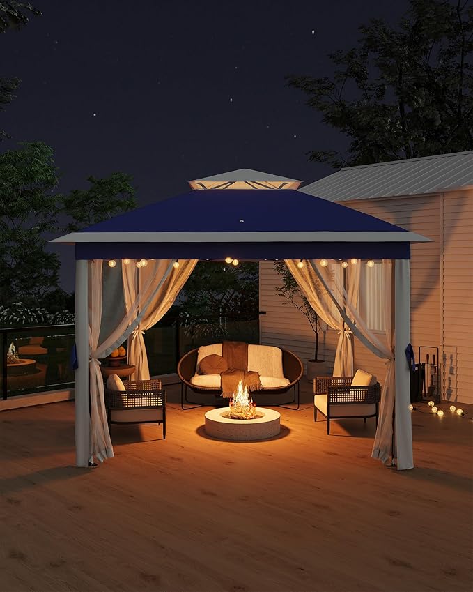 GarveeLife 11'x11 Pop-Up Gazebo, Instant Outdoor Canopy Tent with Mosquito Nettings, Durable Steel Frame, Water, and UV Proof, for Patio, Garden, Courtyard, Party (Blue)