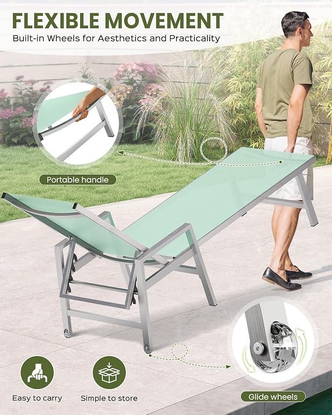 Patio Chaise Lounge Chair Outdoor Set of 2 with Wheels&Armrests, Aluminum Pool Lounge Chairs Five-Position Adjustable Recliner, Outdoor Beach Lounge Chairs for Poolside, Patio, Deck, Yard, Light Green
