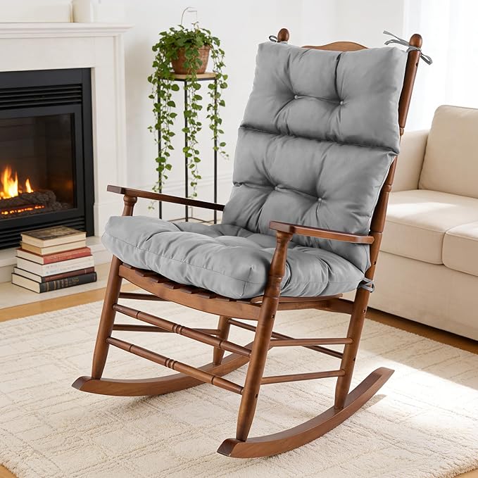 Rocking Chair Cushion, Waterproof and Fade-Resistant Adirondack Rocker Cushions, Indoor/Outdoor Rocking Chair Pads, High Back Memory Foam Patio Furniture Cushions with Ties, 44x23x4 Inch, Light Grey