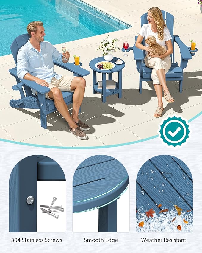 SERWALL Round Outdoor Side Table Set of 2, HDPE Small Adirondack Double End Table, Navy