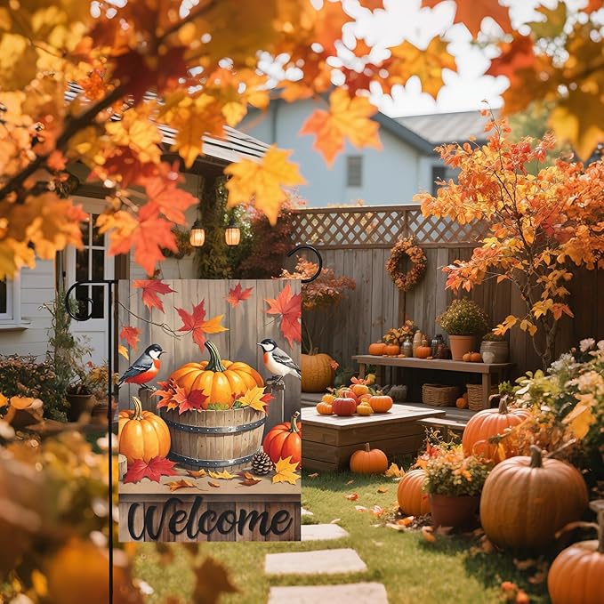 Fall Pumpkin Bird Garden Flag 12x18 Inch Welcome Autumn Watercolor Maple Leaf Harvest Theme Thanksgiving Decorative Yard Flags for Outside Double Sided Outdoor Home Farmhouse Decoration Porch Decor