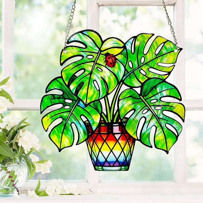 Plant Suncatcher Glass, Stained Glass Suncatcher Plant Window Hanging, Unique Nature Lover Gifts Leaf (Monstera)