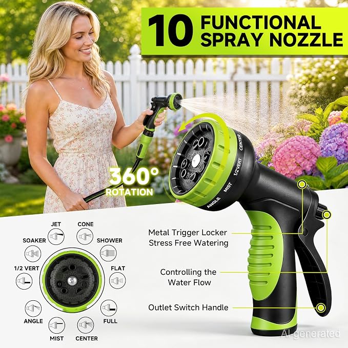 Garden Hose 25ft, Non-Expandable Heavy Duty Water Hose with 10 Function Sprayer, Flexible, Leakproof, Kink Resistant & Hybrid Hose for Yard, Outdoor, 600 PSI
