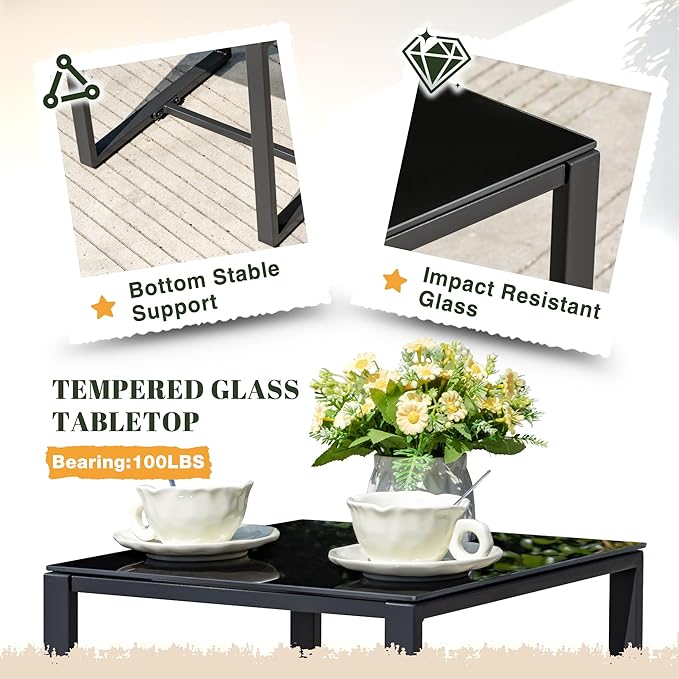 Devoko Resin Patio Furniture Set 3 Piece All Weather Outdoor Rocking Chairs with Cushions and Coffee Table for Bistro Balcony Porch (Black)