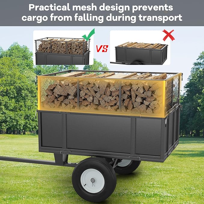 GarveeLife Heavy Duty 750 lbs Steel Garden Dump Cart for ATV/UTV – 17 Cu Ft Utility Trailer – Removable Sides, Pneumatic Tires, Quick-Dump – Yard Cart for Lawn Tractor, Mower, Farm & Landscaping