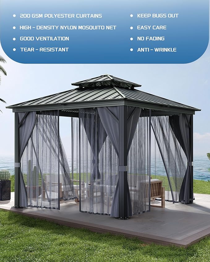 12x12 FT Hardtop Gazebo with Galvanized Steel Double Roof, Heavy-Duty Aluminum Frame Outdoor Gazebo Canopy with Mosquito Netting & Waterproof Curtains for Patio, Backyard, Deck & Lawn