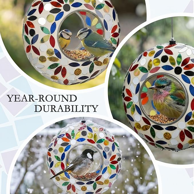 6 Inch Mosaic Glass Hanging Bird Feeder for Outdoors，Fly Through Bird Feeders for Wild Birds, Cute Seed Container with Round Shape for Backyard Window Garden Porch, Colorful Floral Mosaic