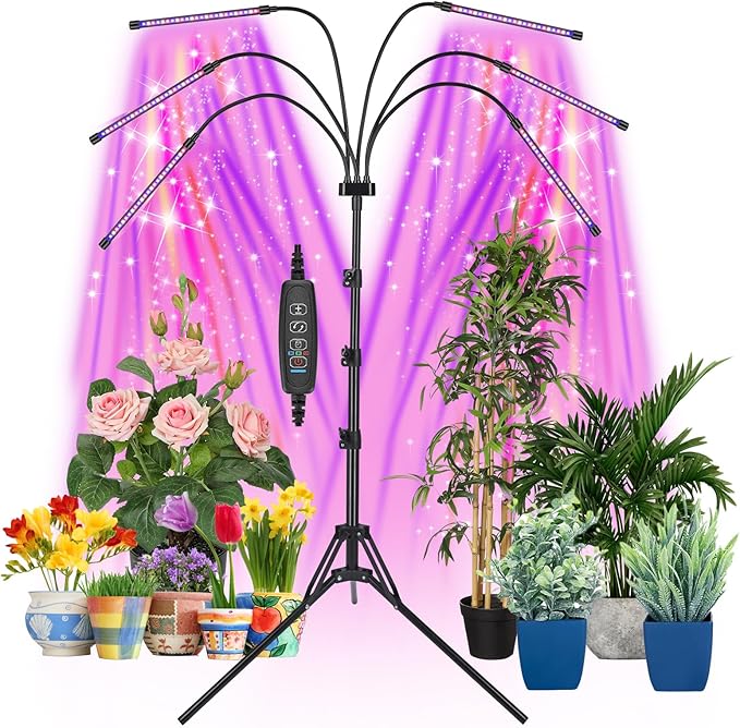 Mefflypee Grow Lights for Indoor Plants, LED Grow Light Stand, Red Blue Yellow Full Spectrum Plant Lamp with Adjustable Tripod, Color Changing Dimmable Vegetative Lamp with Auto On Off Timer (Type A)
