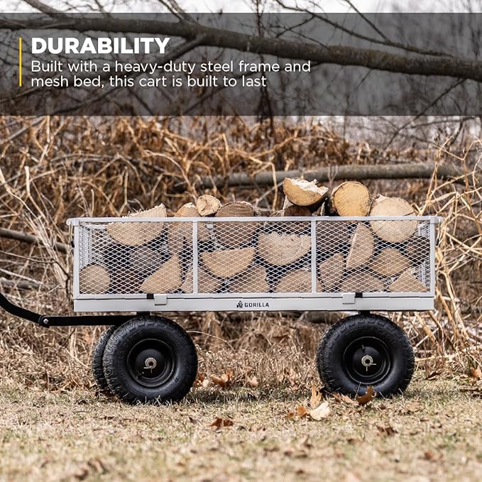 Gorilla Carts Steel Utility Garden Cart, 1,000-Pound Capacity, Gray - Heavy-Duty Outdoor Wagon with Removable Sides, 13-Inch Pneumatic Tires, and Convertible Pull or Tow Handle