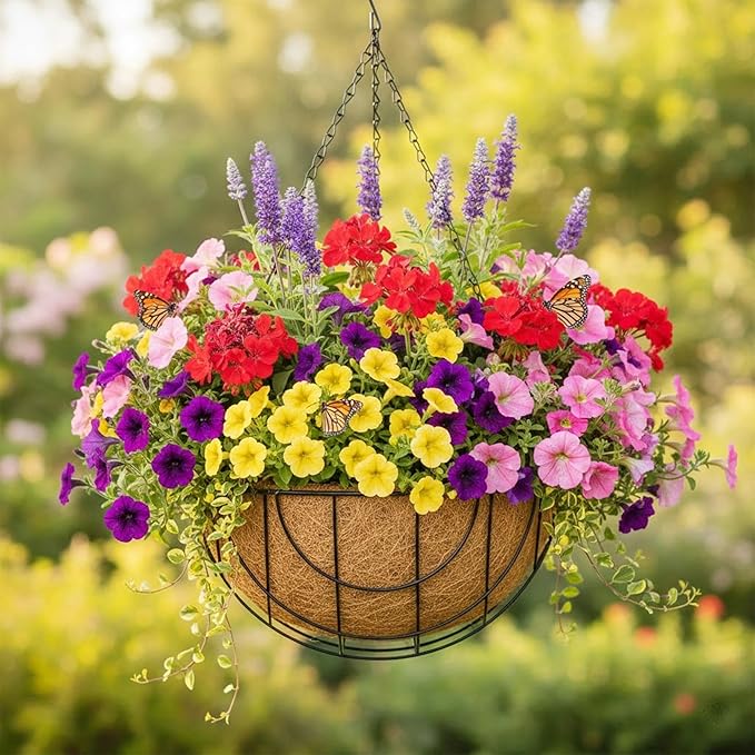 4 Pack 14 Inch Metal Hanging Planter Basket，Natural Round Coconut Hanging Plant Flower Pot，Coconut Coir Planter for Hanging Basket Flowers/Vegetables Home Garden Patio Decoration Earth