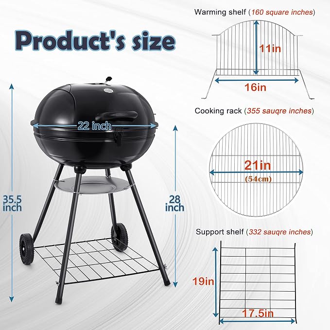 HaSteeL 22-Inch Kettle Charcoal Grill, Portable BBQ Gill with Wheels for Outdoors Barbecue, Camping, Picnic, Backyard, Tailgating, Beach, Storage Rack & 355 SQ.In Cooking Area, Black Porcelain Enamel