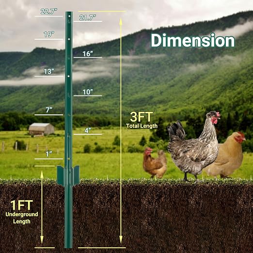 Metal Fence Posts 3 FT, Pack of 16 Green Heavy Duty U Posts, No Dig T Posts for Fences Wire Mesh, Perfect for Temporary Fencing, Electric Fence Wire, Corner Anchor