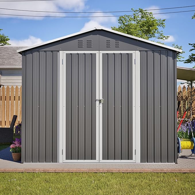 YOPTO 8x12 FT Large Outdoor Storage Shed with Lockable Doors & Floor Base,Weather-Resistant Metal Tool Shed for Garden, Backyard,Patio,Lawn,Gray