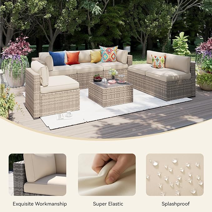 Aoxun 14pcs Patio Cushion Covers Replacement, Waterproof Outdoor Furniture Cushion Covers with Zipper and Non-Slip Bottom, Patio Sofa Couch 3 Sizes for Patio Sectional, Covers Only (Beige)