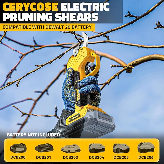 Cerycose Electric Pruning Shears Compatible with DeWalt 20v Battery, 0.8-2 Inch Max Cutting Diameter Electric Pruner with LCD Display & Imported SK7 Steel Blades for Gardening Tree Pruning(No Battery)