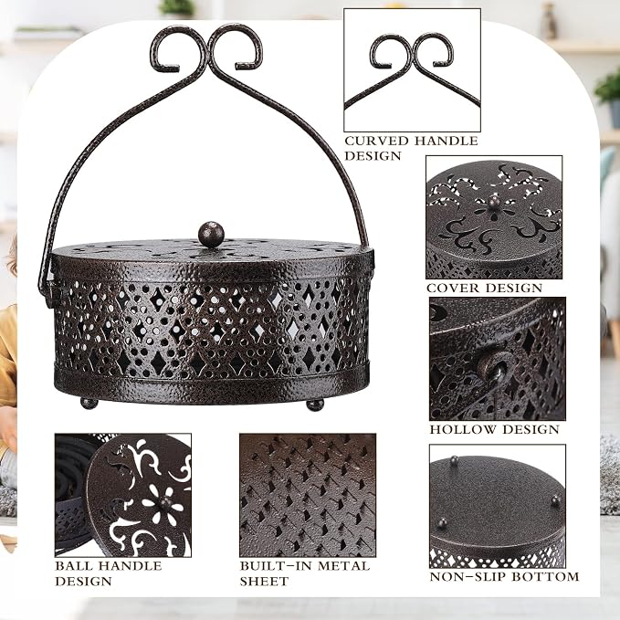 Lallisa Incense Coil Holder Sets, Round Metal Hanging Incense Burner with Handle and Lid, Portable Coil Burner Stand Container for Patio Camping Garden Home Indoor Outdoor Decor(Bronze Color,4 Pcs)