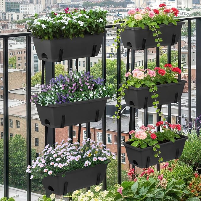OYEAL Deck Railing Planters Vertical Garden Hanging Planter Boxes with Adjustable Brackets, Set of 2 Hanging Flower Pots for Railing Fence with 6 Plastic Planter Boxes, Grey