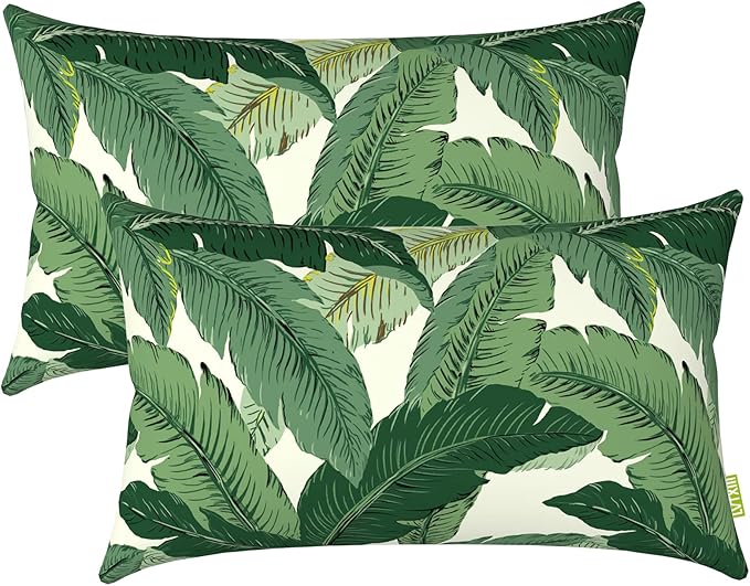 LVTXIII Set of 2 Patio Lumbar Pillows, 12”x20” Fade Resistant Outdoor Lumbar Pillow with Inners, Fluffy Decorative Garden Lumbar Cushions for Home Patio Coach Sofa Use, Swaying Palms Green