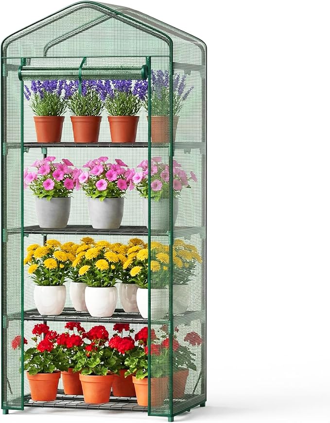 OLIXIS Mini Greenhouse with Durable PE Cover Roll-up Zipper Door, 27"×19"×63" 4 Tier, Small Greenhouse for Outdoors Indoor Balcony, Porch, Garden, Patio, Backyard Green Houses, Green