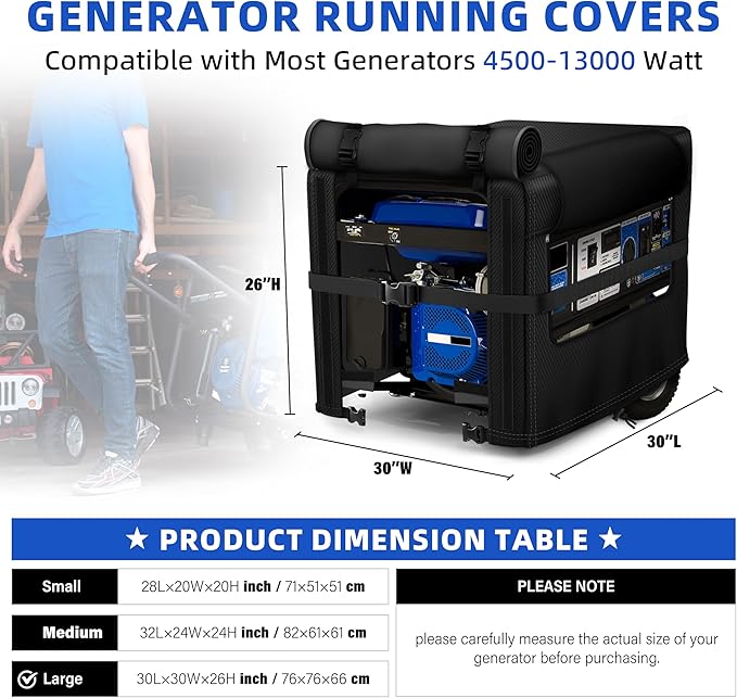 Generator Cover, 900D Heavy Duty Waterproof Fabric. 30L×30W×26H Inch Generator Covers While Running, with Windproof Strap Buckles. Fits most 5000-13000 watt Generators, Black.