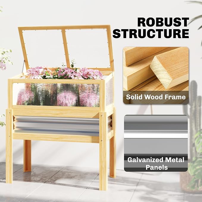 Outsunny Wooden Raised Garden Bed with Flip-Up Greenhouse Top, Raised Garden Bed with Legs and Bed Liner, Elevated Planter Box for Flowers, Vegetables, Herbs, Natural