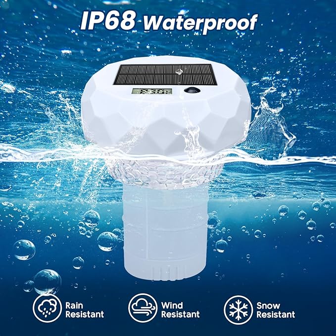 Solar Pool Chlorine Floater, Pool Light that Float With Thermometer, Remote, 8 Lighting, Timing Mode, IP68 Waterproof, Floating Chlorine Tablet Dispenser for Pool, Spa Bathtub, Hot Tub, Pond Decor