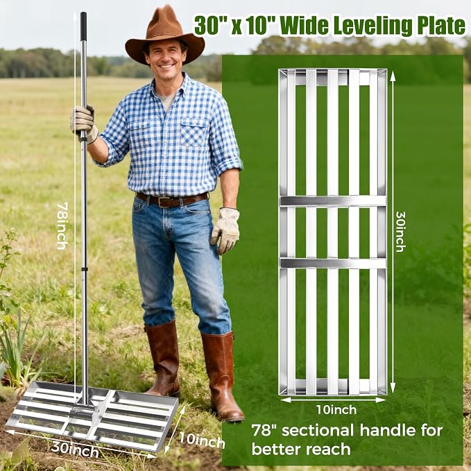 30" x 10" Lawn Leveling Rake, Heavy Duty 304 Stainless Steel Lawn Leveler | Curved edge for smooth leveling, reinforced triangle support, professional-grade build