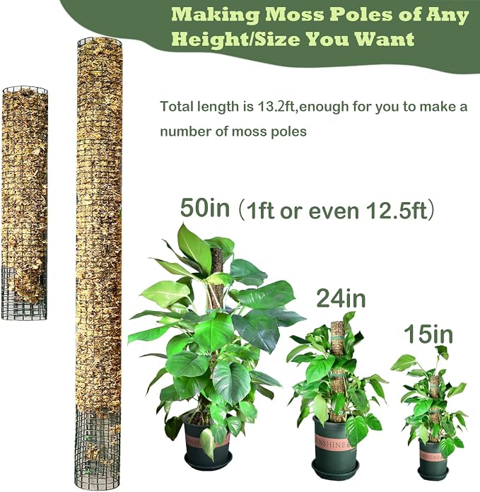 Moss Pole DIY Kit, 13.2ft Metal Moss Pole for Plants Monstera, 4Pcs 8.3in×3.3ft Steel Moss Pole Mesh with Plier, Cable Ties, Sphagnum Moss Pole (13.2ft Wire Mesh with Plier)