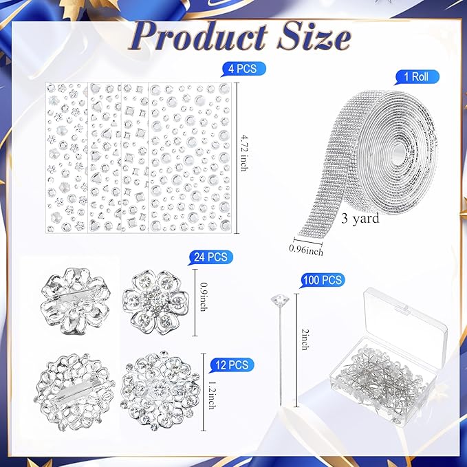 Quelay 141 Pcs Bouquet Pins Flower Brooch Wedding Bouquet Kit Self Adhesive Crystal Rhinestone Ribbon Bling Jewels Stickers for Wedding Birthday DIY Art Crafts Decoration Supplies