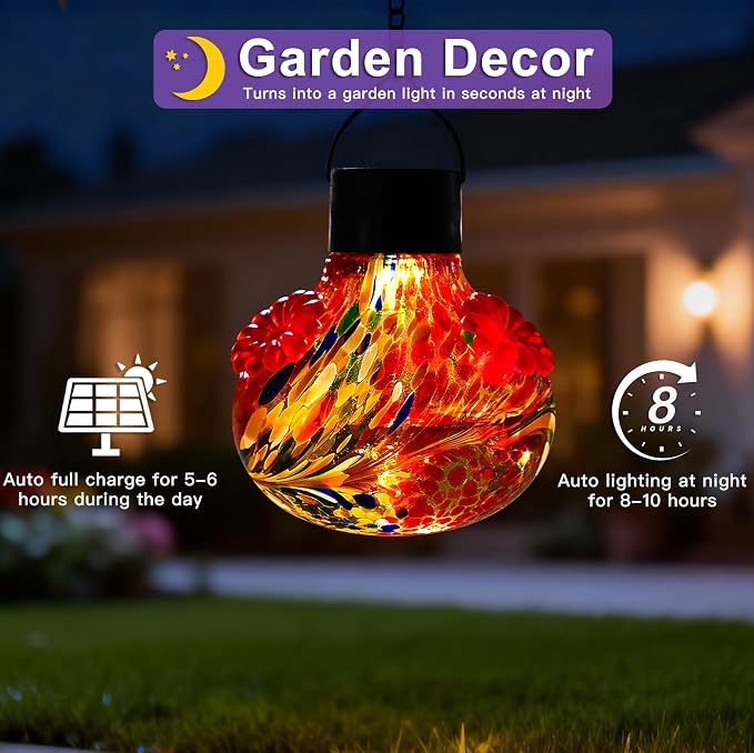 SAVENNA Hand Blown Glass Solar Hummingbird Feeder with Soft Night Light,17oz Leak-Proof Decorative Feeder for Outdoor Garden Patio Yard –Ruby Red Phoenix Swirl