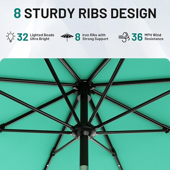 AreShark 9FT Patio Umbrella with Solar Lights, 32 Lighted Pool Umbrella w/Tilt and Crank, Outdoor Market Solar Umbrellas for Garden, Deck, Backyard, Pool and Beach, Cerulean