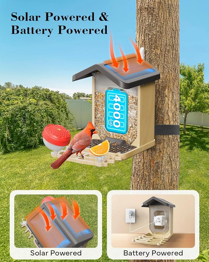 Bird Feeder with Camera Solar Powered, Bird Feeders for Outdoors with DIY Add-ons - Honey Jar & Fruit Fork & Squirrel Proof Net & 32GB SD Card, AI Identify Birds, Ideal Present for Birdlover