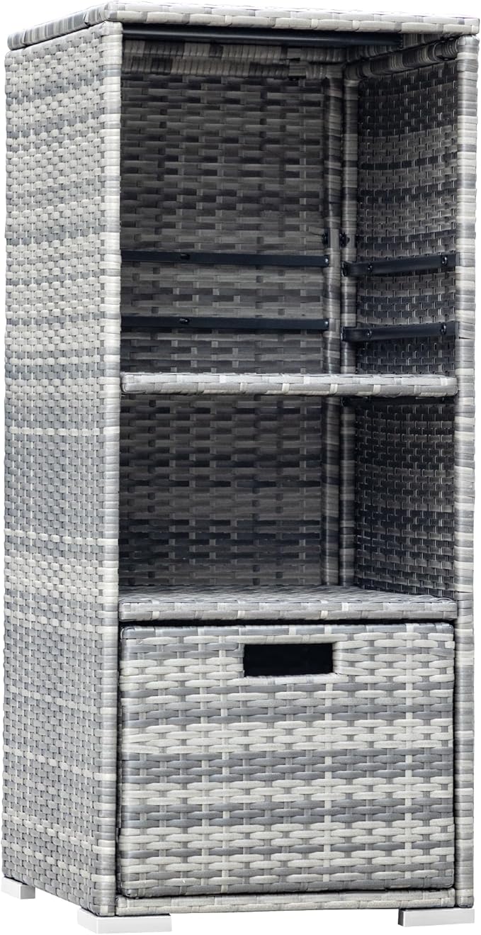 Devoko Outdoor Pool Towel Rack Patio Waterproof Rattan Wicker Storage Cabinet Shed with Shelves & Drawer (Grey)