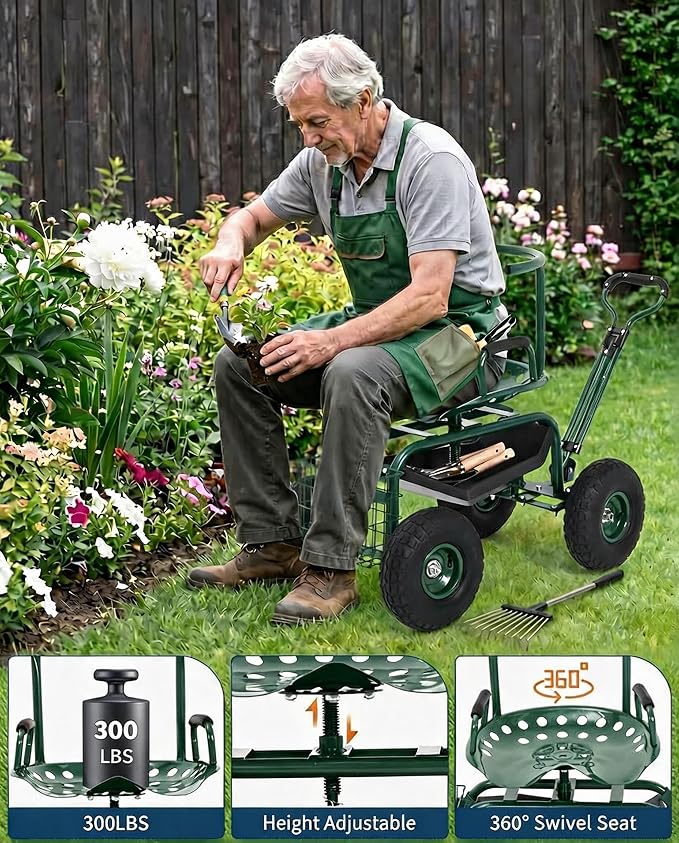 Rolling Garden Work Seat with Wheels, 360° Swivel Seat Gardening Cart with Extendable Steering Handle, Tool Tray and Storage Basket, 300 lbs Capacity, Gardening Stools for Patio, Yard, and Outdoors