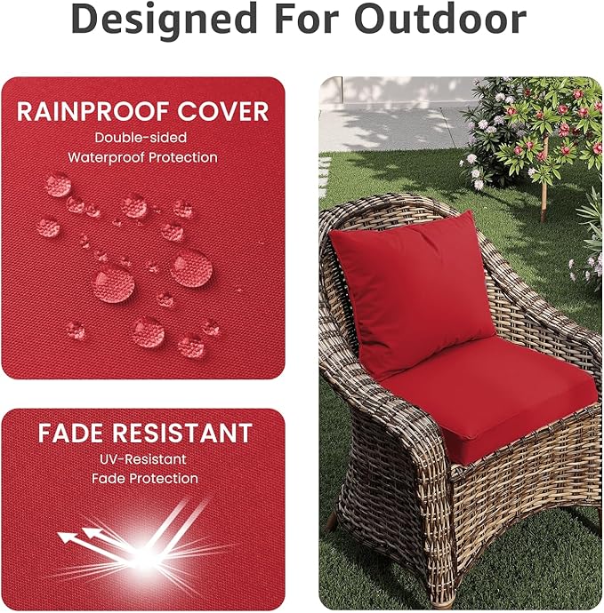 PatioGlow Outdoor Seat Cushion Set 22 x 24 x 4 Inch, Waterproof & Fade Resistant Patio Furniture Cushions with Removable Cover and Ties, Thick Deep Seating Pads for Outside Chair Sofa Couch, Red