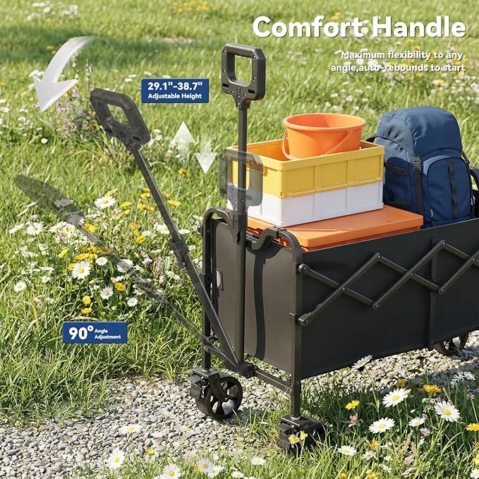 Collapsible Folding Wagon Cart, Heavy Duty Utility Wagons with Tailgate & Wheels,Portable Utility Cart for Camping,Garden,Beach,Sports Black