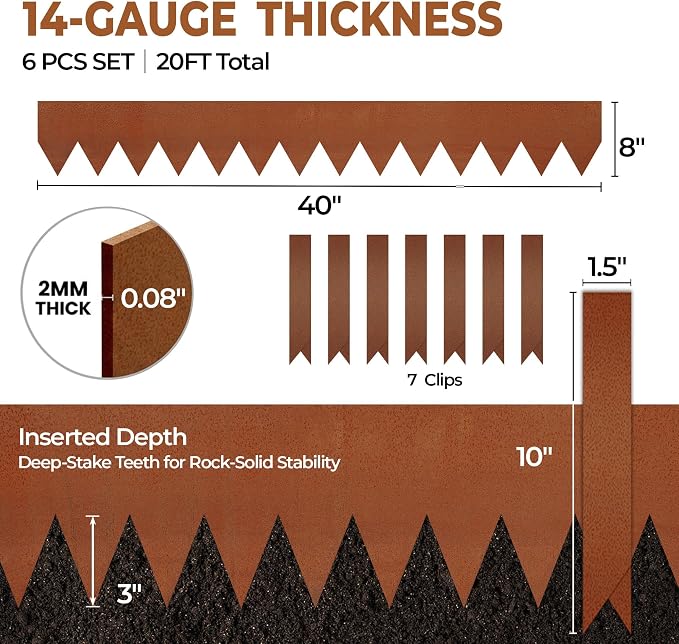 Worth Garden 6 Pack Cor-Ten Steel Landscape Edging w/Rust Patina Finish - 40" L x 8" H Strips - Hammer-in 14-Gauge Metal Corten Edging Border w/ 7 Clips & Gloves - Edge for Lawn Yard (20Ft Total)