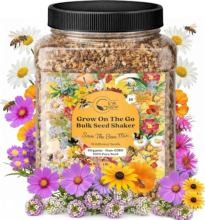 Wildflower Seed Mix 1LB Tub - Save The Bees Seed Mix, by GevaGrow | Bulk 300,000+ Seeds | Pollinator & Bee Attracting Flower Seeds Bulk for Planting in Pots & Outdoor Gardens | 1 Pound Tub