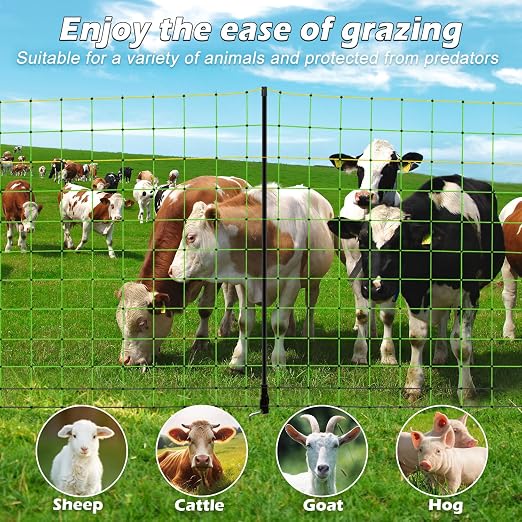 Electric Fence Netting,Livestock Neting,49.6" x 164' Portable Electric Net Fence for Goats,Sheep, Lambs,Hogs in Backyards,Farms,Ranches,Homesteads and Gardens,(14 Posts, 2 Spikes,Green)