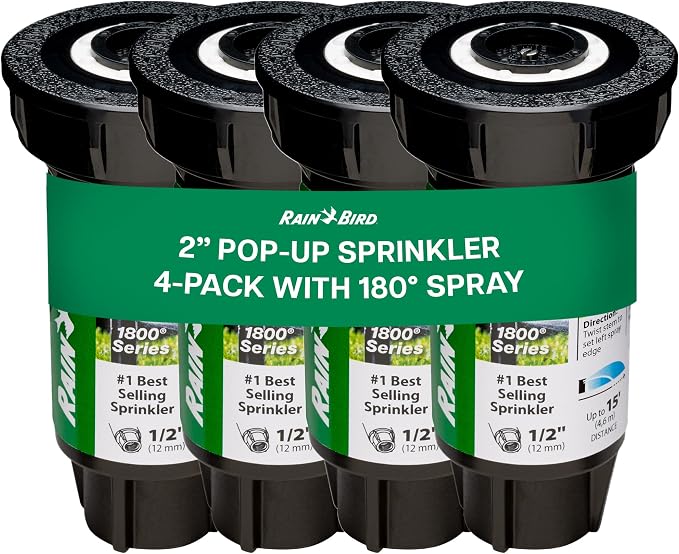 Rain Bird 1802HDSPRS Pressure Regulated 1800 Series Dual Spray 2 Inch Pop Up Sprinkler Head, 4 Pack -Water Efficient Lawn Sprinkler with 180 Degree Half Pattern, 1/2 in NPT, Up to 15 Ft Spray Distance