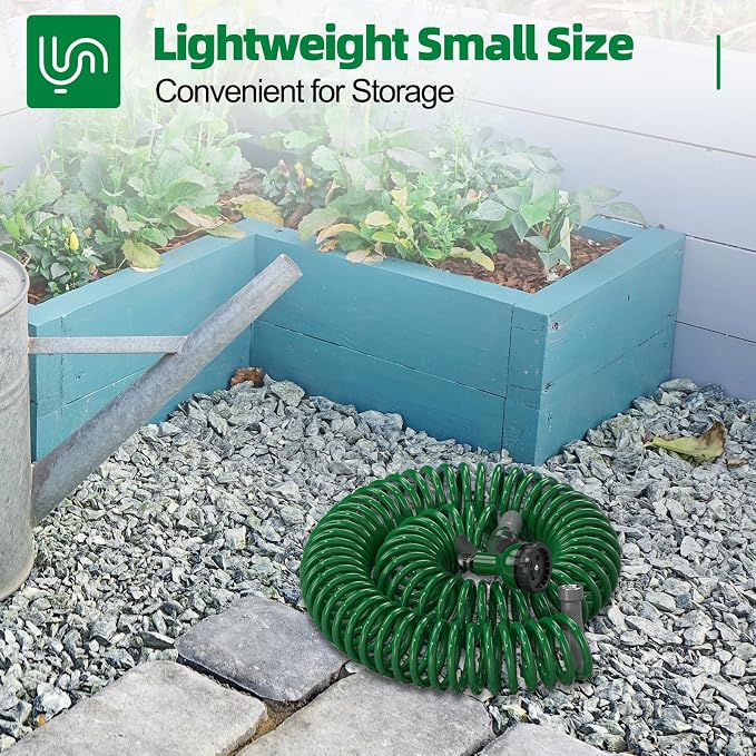 SPECILITE 3/8" Lightweight Coil Garden Hose 75FT, EVA Flexible Curly Water Pipes with 6-Pattern Spray Nozzle for Boat, Greenhouse, Yard, Patio, Green