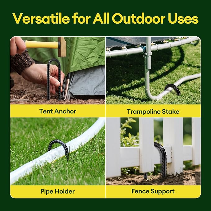 Maygrove 12 Inch Rebar Stakes Heavy Duty 10 Pack, U Shaped Ground Stakes, Galvanized Steel Trampoline Stakes, Tent Anchor Kit Anti-Rust, Drip Hose Wind Stakes, Black