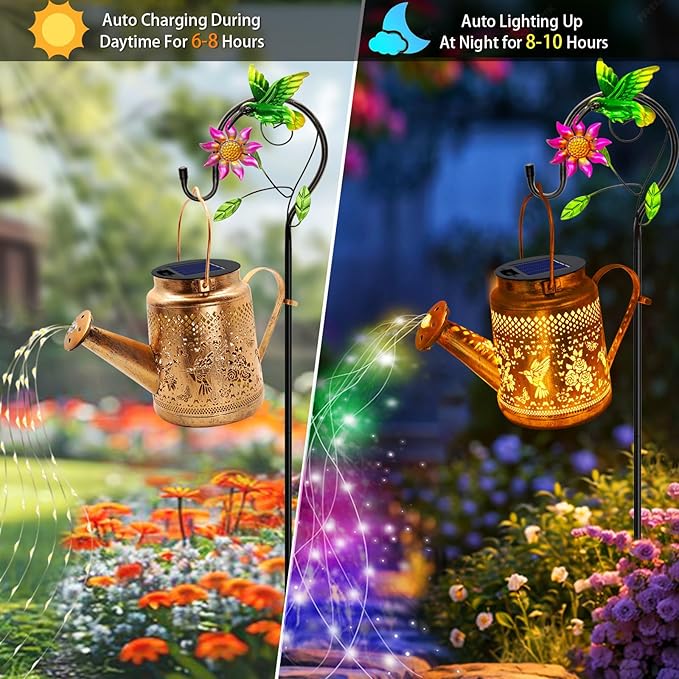 2 Pack Solar Lanterns Outdoor, Gifts for Mom Grandma Women Wife Daughter Mother's Day, Hummingbird Watering Can Lights with Shepherd Hook, Solar Path Light Yard Art Outside Patio Decor (Multicolour)