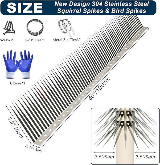 Bird Spikes, Squirrel Spikes and Squirrel Baffles Keep Raccoons, Cats and Snakes Away from Gardens, Fences and Climbing Bird Feeder Poles. (40 inches)
