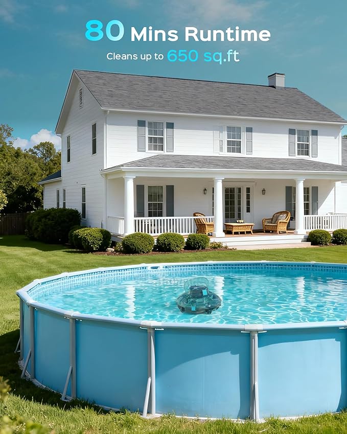 (2026 Upgrade) Cordless Robotic Pool Cleaner, Lasts 80 Min, Automatic Vacuum for Above-Ground Pools up to 650 Sq.ft,Portable, Self-Parking (Transparent Green)