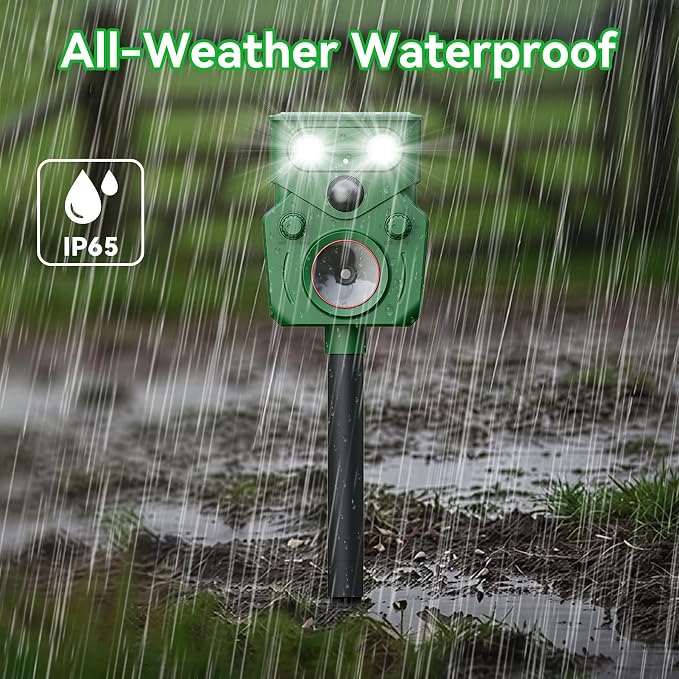 Ultrasonic Animal Repeller Solar Powered Ultrasonic Deer Repeller Motion Sensor Cat Deterrent 2 Pack Fox Squirrel Dog Deterrent Device with 5 Modes and Flashing Lights Outdoors Yard Lawn Farm Garden