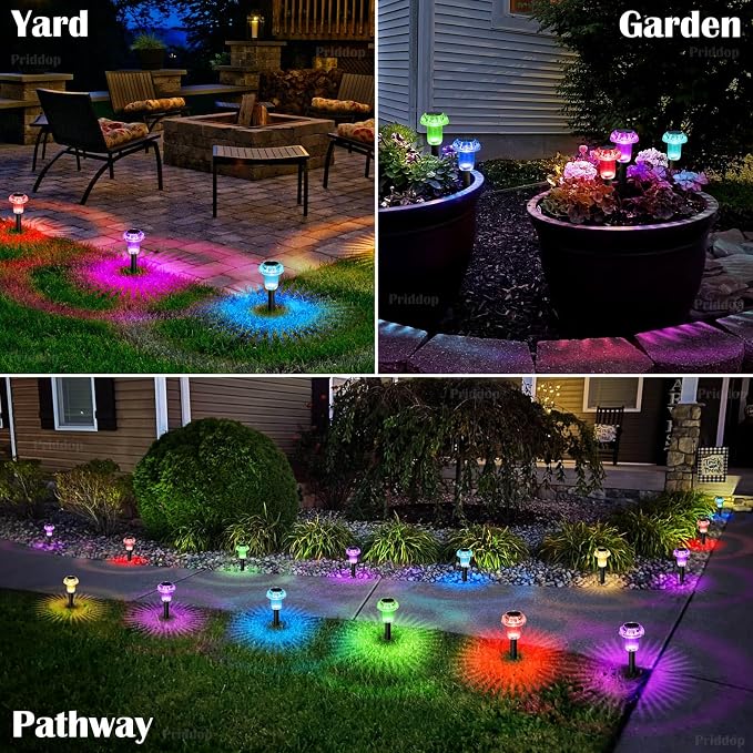 Priddop Solar Lights Outdoor Waterproof 16 Pack Color Changing LED Mushroom | Garden Pathway Yard Patio Walkway Landscape Path Lights, Acrylic ABS, Ground Patterns, Replaceable Battery, Christmas Decor
