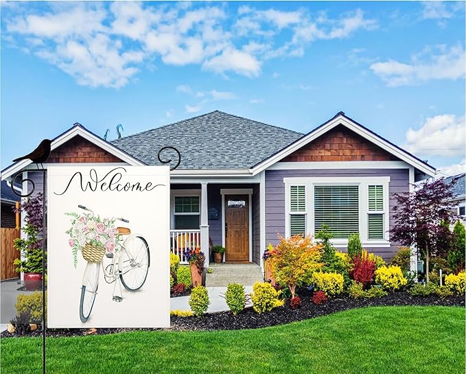 Mugod Bike Garden Flag 12.5x18" Vertical Double Sided, Watercolor Wildflowers Spring Summer Yard Garden House Flag for Outdoor Indoor Decoration