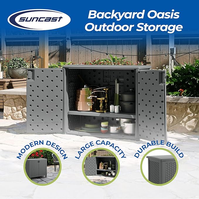 Suncast 42" W x 23" D x 35.5" H Outdoor Storage Cabinet and 33 Gallon Resin Trash Can Bundle, Cool Gray